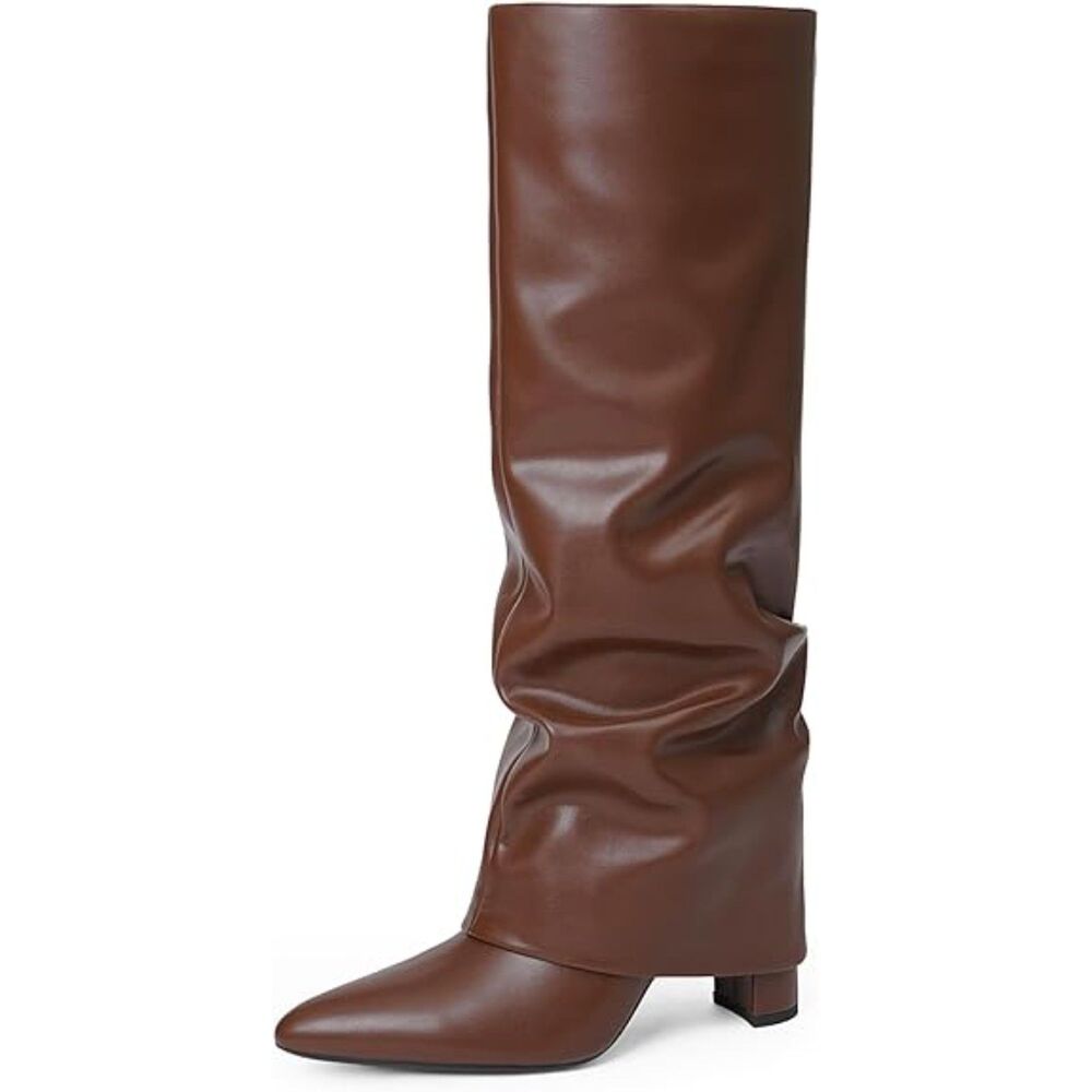 Women's Brown Chunky Heels Rubber Sole Pointed Toe Side Zipper  Knee High Boots